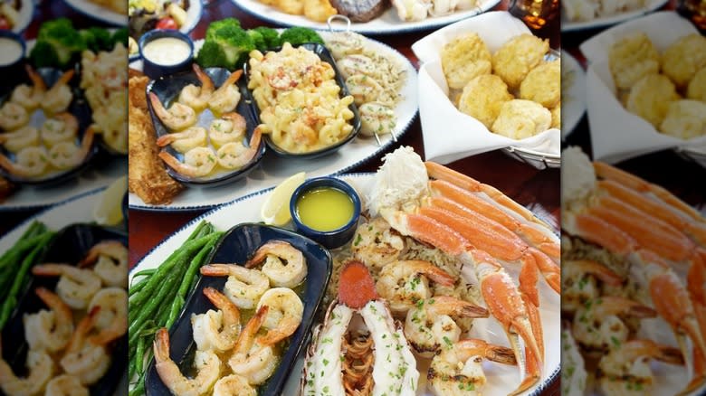 Large spread of seafood dishes 