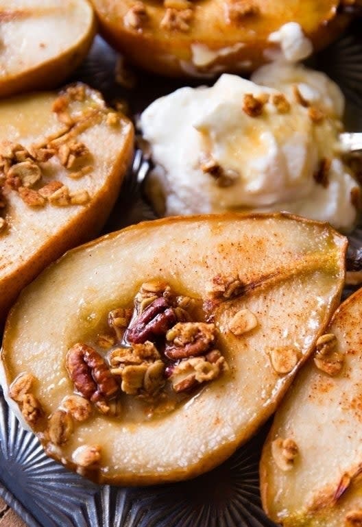 Maple baked pears with vanilla ice cream.