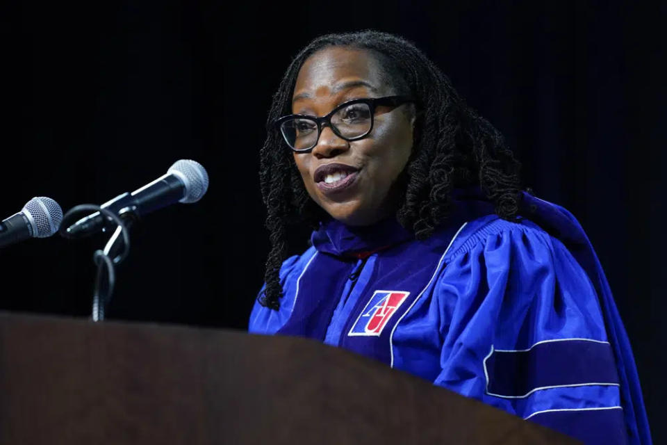 Supreme Court Associate Justice Ketanji Brown Jackson speaks at the commencement ceremony for American University’s Washington College of Law, Saturday, May 20, 2023, in Washington. (AP Photo/Patrick Semansky)