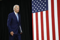 Democratic presidential candidate, former Vice President Joe Biden departs after speaking at Alexis Dupont High School in Wilmington, Del., Tuesday, June 30, 2020. (AP Photo/Patrick Semansky)