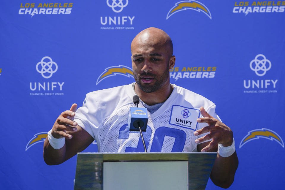 Los Angeles Chargers running back Austin Ekeler speaks in a press conference during the NFL football team's training camp, Thursday, July 27, 2023, in Costa Mesa, Calif. (AP Photo/Ryan Sun)