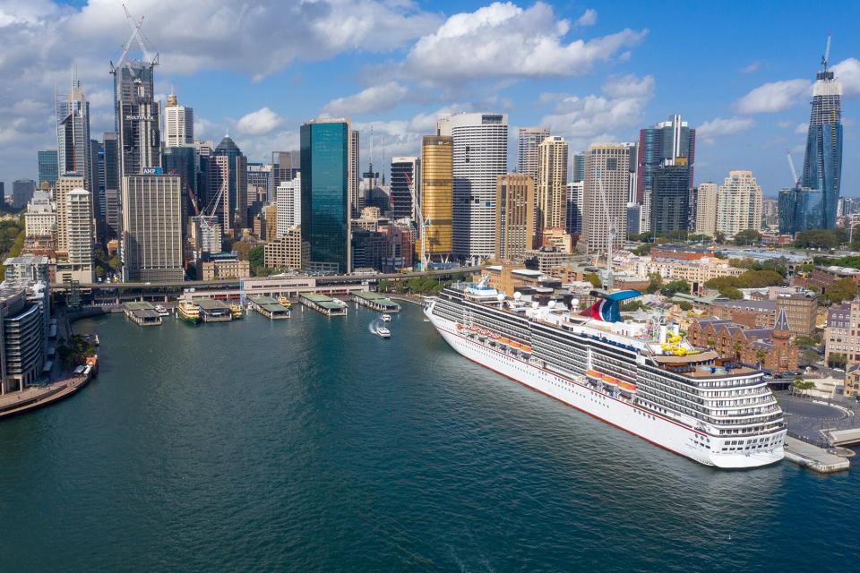 An aerial image of Carnival Spirit at the Overseas Passenger Terminal in Circular Quay in Sydney, Australia