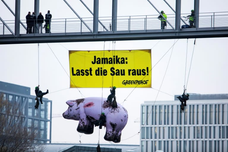 A banner from Greenpeace reads "Jamaica, let the pig out" -- referring to what's been dubbed the "Jamaica coalition" as the colours of Merkel's CDU/CSU, pro-business Free Democrats and left-leaning Greens match those of the Jamaican flag