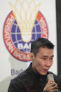 Malaysian badminton player Lee Chong Wei speaks during a press conference in Putrajaya, Malaysia, Thursday, June 13, 2019. Former World No. 1-ranked Lee has announced his retirement from badminton after 19 years following his battle with cancer. (AP Photo/Vincent Thian)