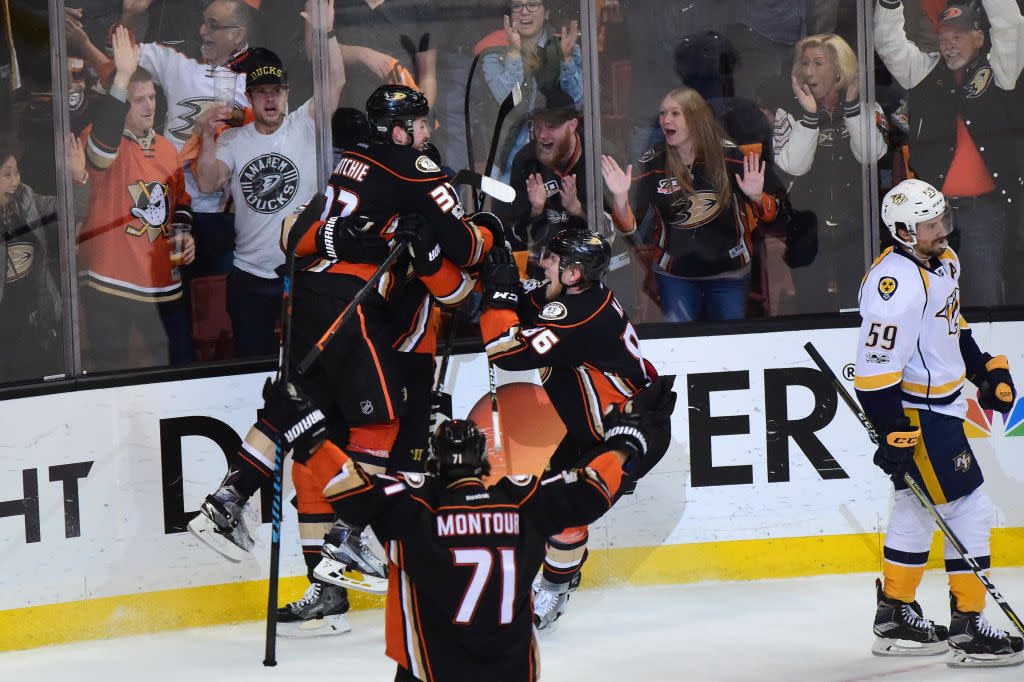 in the second period of Game Two of the Western Conference Final during the 2017 Stanley Cup Playoffs at Honda Center on May 14, 2017 in Anaheim, California.