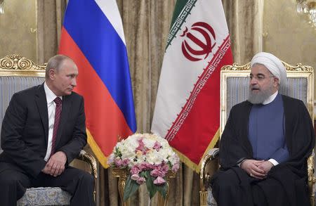 Russian President Vladimir Putin meets with his Iranian counterpart Hassan Rouhani in Tehran. Sputnik/Alexei Druzhinin/Kremlin via REUTERS