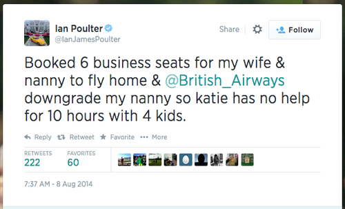 Ian Poulter tweet complaining that his nanny's seat ticket was downgraded