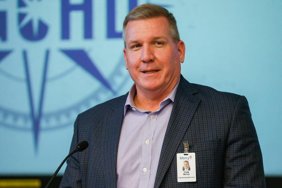 Craig McCoy, president of Mercy Springfield, speaks during a press briefing about the surge in COVID-19 cases in Greene County at the Greene County Public Safety Center on Wednesday, Jan. 5, 2022.