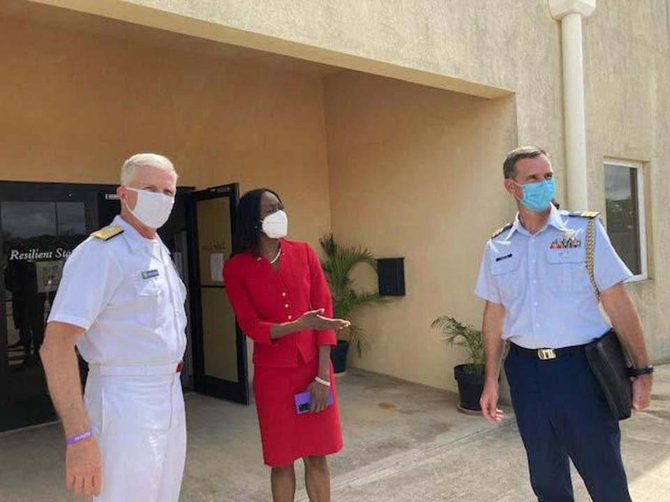 U.S. Navy Adm. Craig Faller, commander of Doral-based U.S. Southern Command, meets with Elizabeth Riley, the head of the Caribbean Disaster Emergency Management Agency in Barbados in mid-August ahead of ending his leadership at the helm on Oct. 29, 2021.