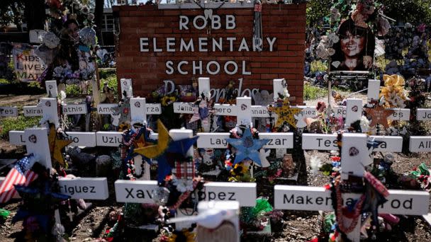 PHOTO: A general view of the memorial outside Robb Elementary, where a gunman killed 19 children and two teachers in the U.S. school shooting, in Uvalde, Texas, Nov. 27, 2022.  (Marco Bello/Reuters)