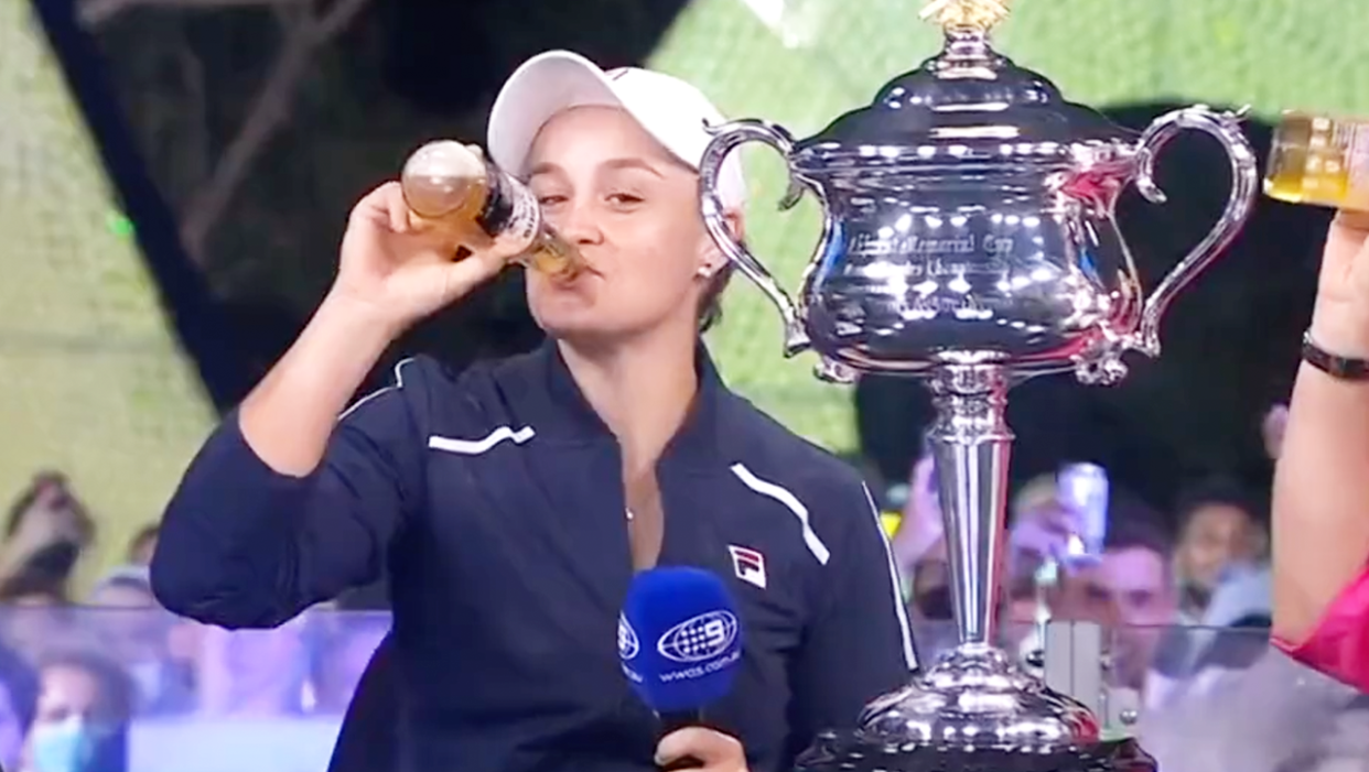 Ash Barty (pictured) drinking a beer during an after her Australian Open title triumph.