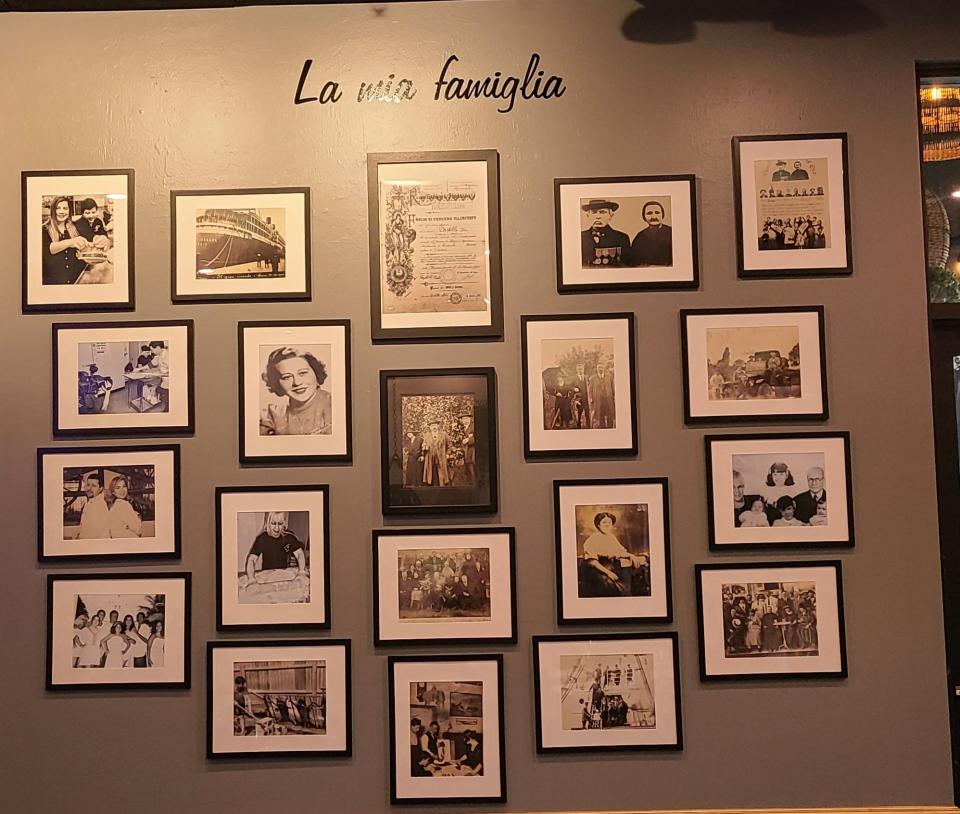 A photo wall featuring the Maldonado and Navarrete families at El Gaucho Trattoria.