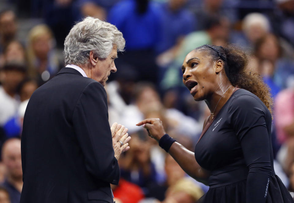 At the 2018 U.S. Open final in New York, where she faced Naomi Osaka, Serena Williams talks to referee Brian Earley about umpire Carlos Ramos. She asserted that Ramos was treating her differently than he would treat male players. (Photo by Adam Hunger, AP, File)
