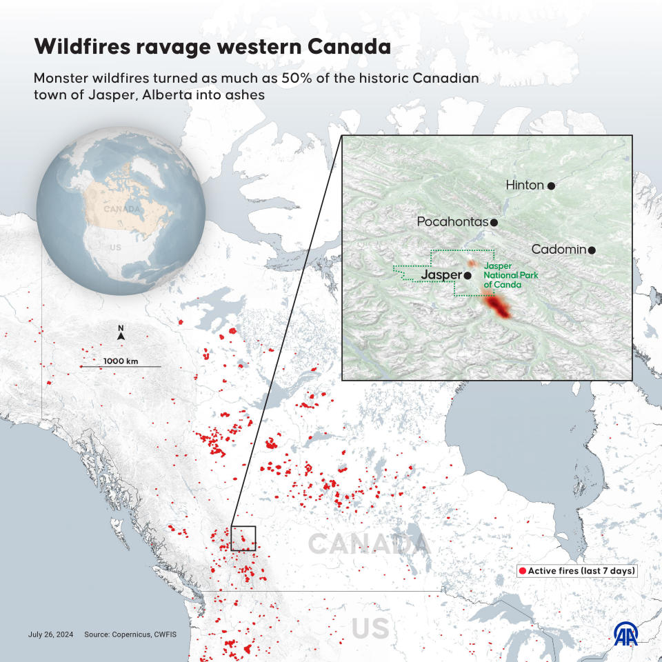 This map shows the location of wildfires in western Canada as of July 26, 2024, including a blaze that destroyed part of the historic town of Jasper, Alberta, / Credit: Yasin Demirci/Anadolu via Getty Images