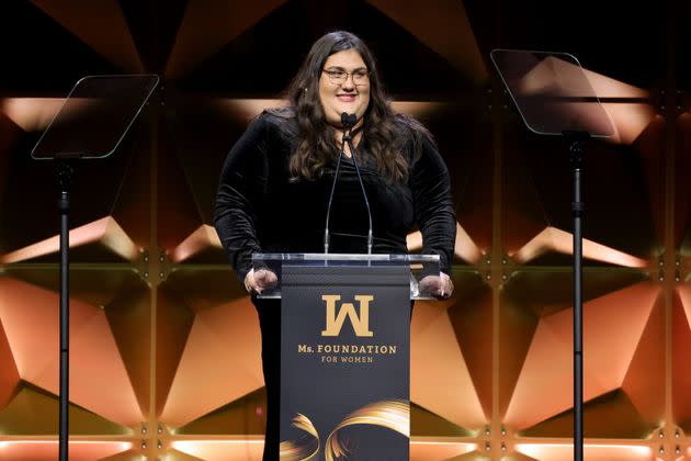 Marie C. Wilson Emerging Leader Award recipient Olivia Julianna speaks onstage during the Ms. Foundation Women of Vision Awards. 