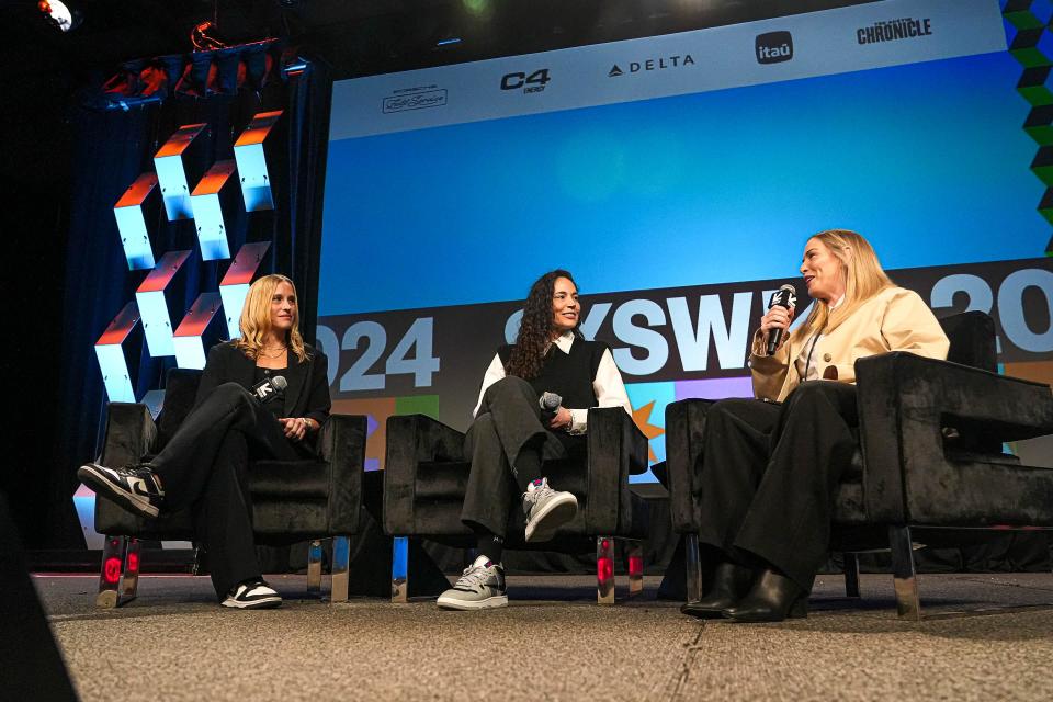 Host Justine Brown, right, former WNBA champion Sue Bird, center, and TOGETHXR co-founder and chieft content officer Jessica Robertson, left, sit down for a keynote speaking event during South by Southwest at the Austin Convention Center on Sunday, March 10, 2024.