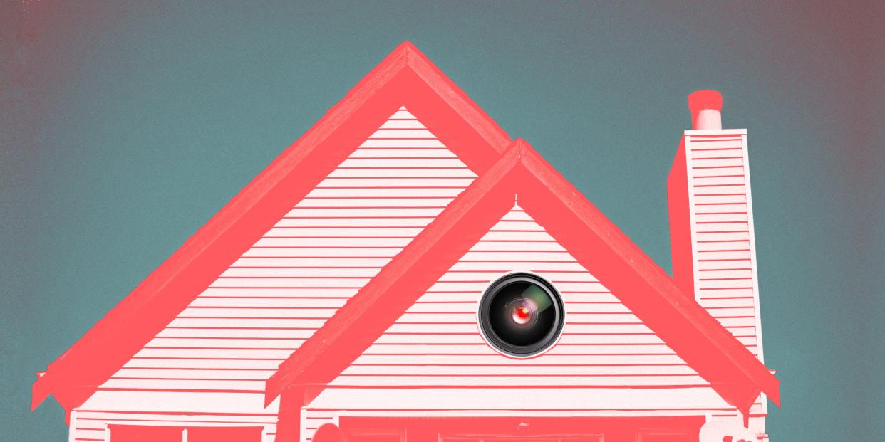 top half of a pink-tinted house with a circular window that opens to reveal a blinking security camera