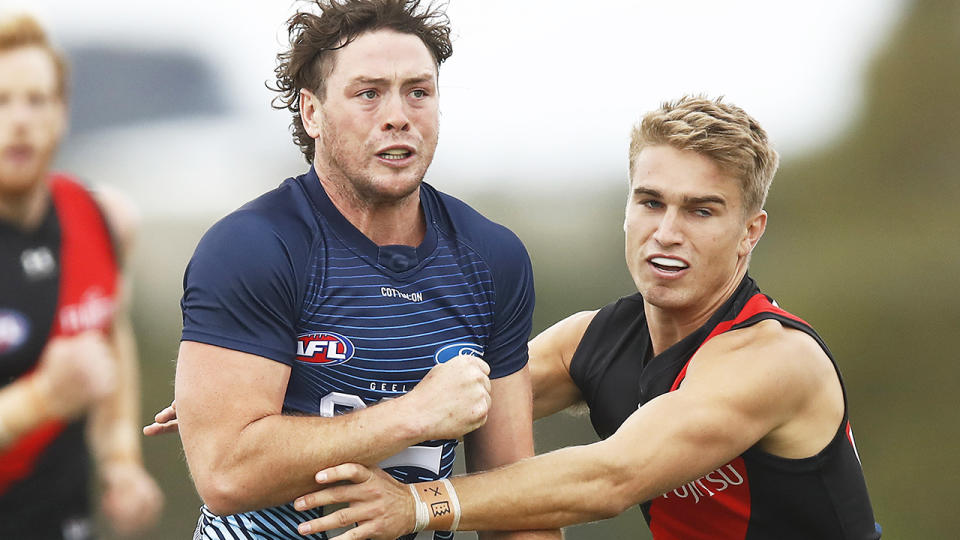 Jack Steven, pictured here in action for Geelong in the Marsh Community Cup in March. 