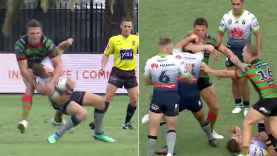 Burgess could be in trouble after this shot on Sezer. Pic: NRL