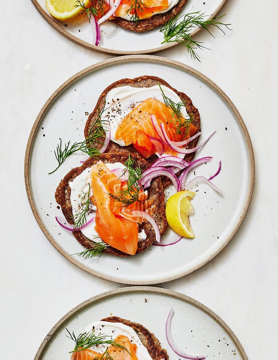 seeded buckwheat pancakes with smoked salmon