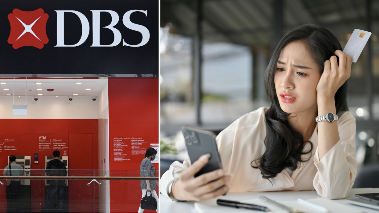 DBS/POSB ATM and Gen Z girl in distress over banking services disruption in Singapore