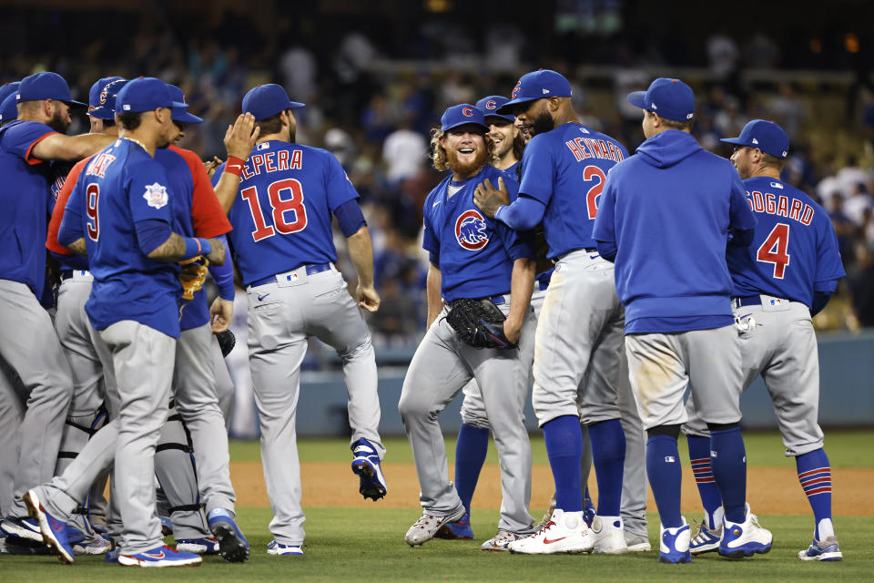 Craig Kimbrel of the Chicago Cubs celebrates with teammates