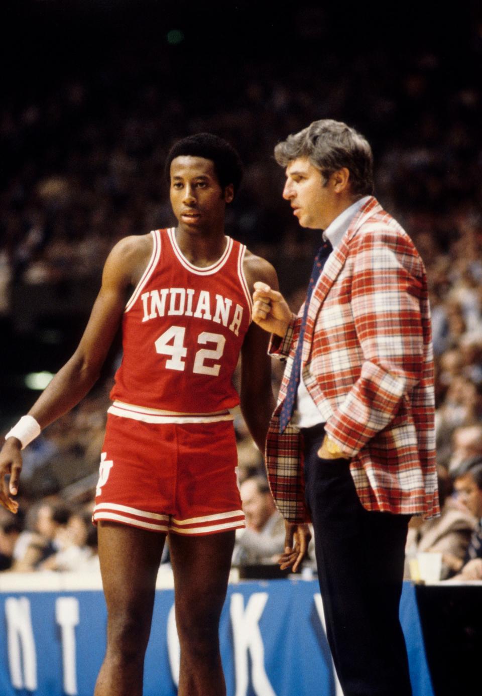 Dec 15, 1979; Lexington, KY, USA; FILE PHOTO; Indiana Hoosiers forward Mike Woodson (42) and head coach Bobby Knight talk on the sideline against the Kentucky Wildcats at Rupp Arena during the 1979-80 season. Mandatory Credit: Malcolm Emmons-USA TODAY Sports