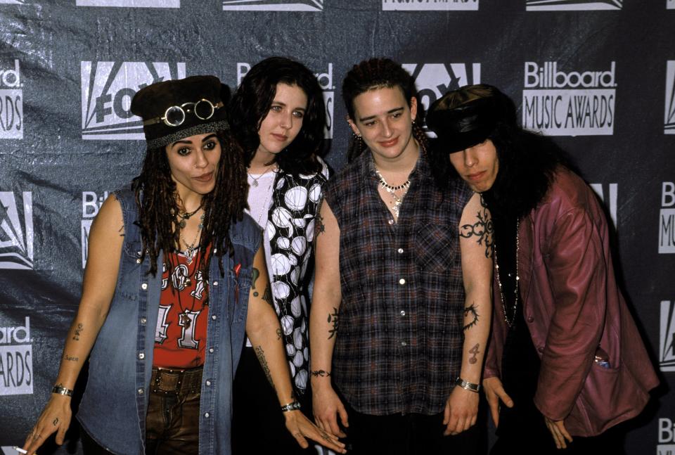 4 Non Blondes  at the Billboard Music Awards in 1993. Left to right: Linda Perry, Dawn Richardson, Christa Hilhouse, Roger Rocha. (Photo: Martina Raddatz/Redferns)