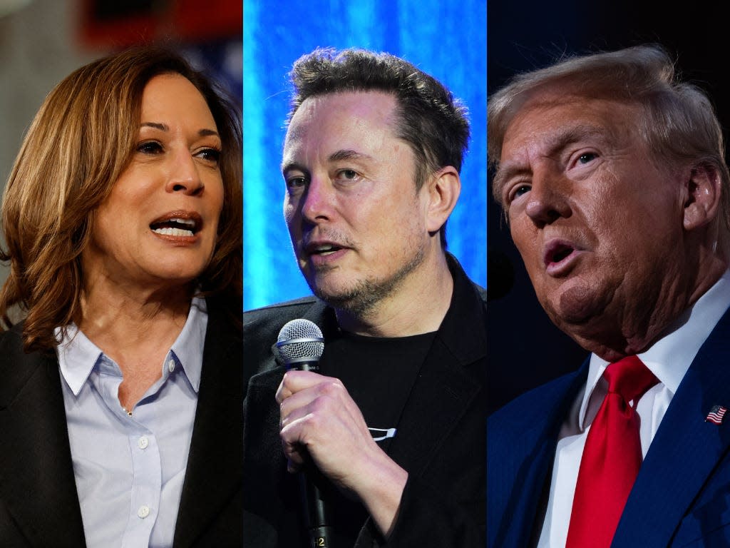 A composite image of Kamala Harris, Elon Musk, and Donald Trump.