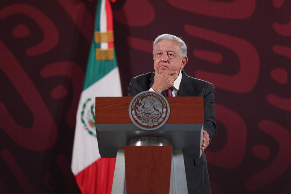 MEXICO CITY, MEXICO - JUNE 03: President of Mexico Andrés Manuel López Obrador gestures as he speaks during the daily morning briefing at Palacio Nacional on June 03, 2024 in Mexico City, Mexico. (Photo by Saúl Peña/ObturadorMX/Getty Images)