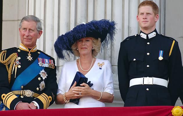 Camilla (pictured here with Prince Charles and Prince Harry) is reportedly against Harry's decision to date Meghan Markle. Photo: Getty