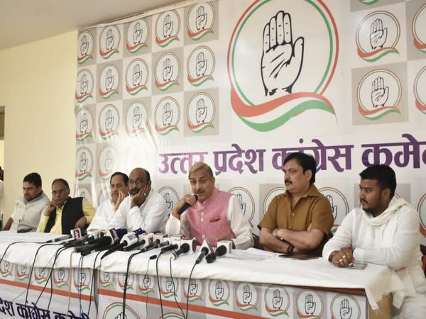 Visuals from the press conference by Congress leaders in Lucknow on Wednesday. (ANI)