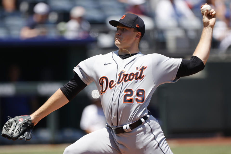 Detroit Tigers pitcher Tarik Skubal throws to a Kansas City Royals batter during the first inning of a baseball game in Kansas City, Mo., Wednesday, July 13, 2022. (AP Photo/Colin E. Braley)