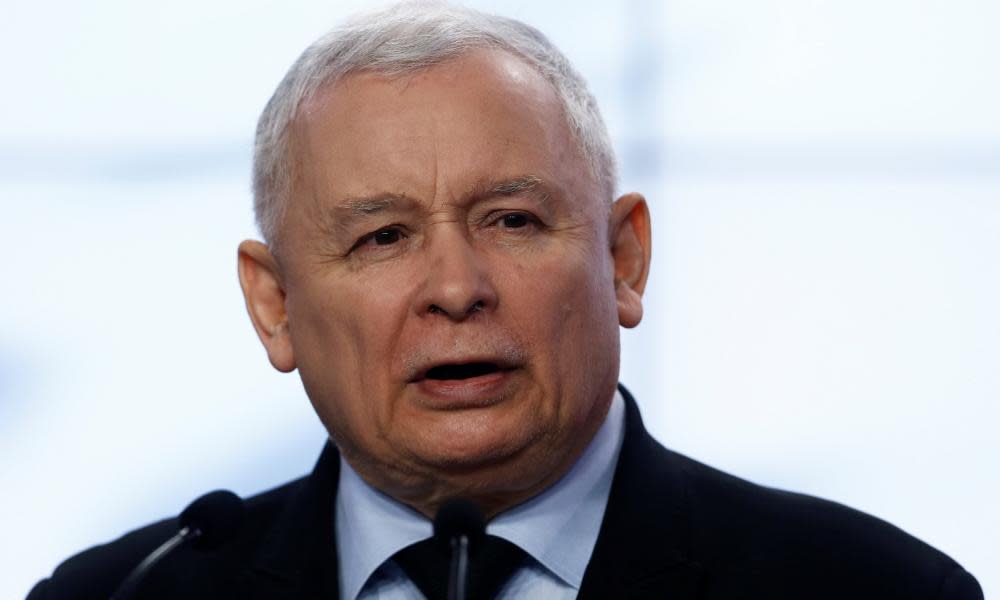 Jarosław Kaczyński, the leader of the ruling Law and Justice Party speaks during a news conference in Warsaw