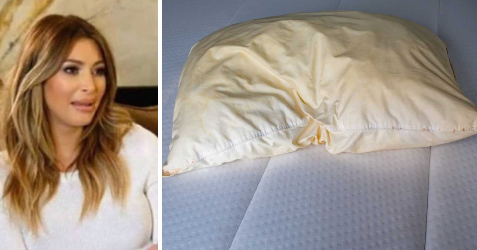 Yellow pillow side by side with shocked kIm kardashian 