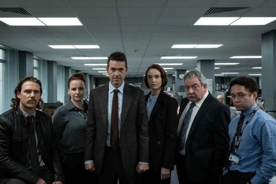 Crime: Pictured: (L-R) Jamie Sives as DOUGIE GILLMAN, Sarah McCardie as GILLIAN GLOVER, Dougray Scott as RAY LENNOX, Joanna Vanderham as AMANDA DRUMMOND, Ken Stott as BOB TOAL and Michael Abubakar as STUART MURDOCH

(Buccaneer Media/Off Grid Film and TV/Jed Knight)