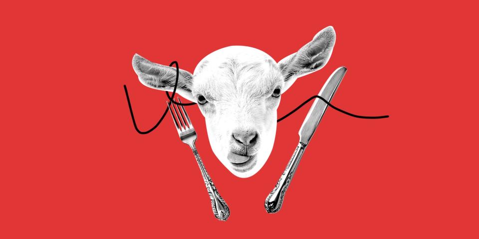 A goat in between a fork and knife