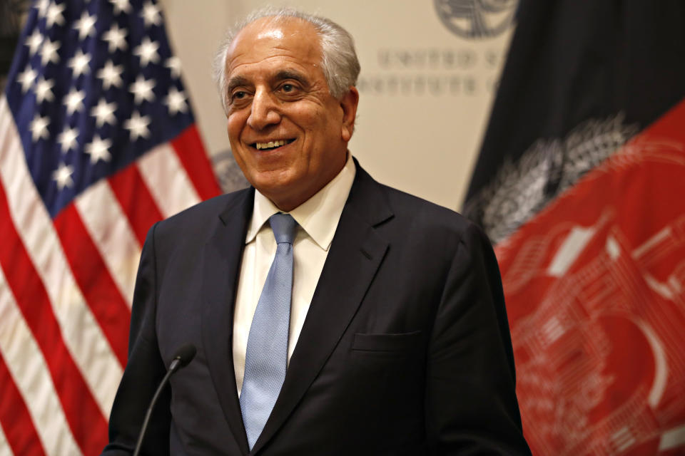 Special Representative for Afghanistan Reconciliation Zalmay Khalilzad approaches the microphone to speak on the prospects for peace, Friday, Feb. 8, 2019, at the U.S. Institute of Peace, in Washington. (AP Photo/Jacquelyn Martin)