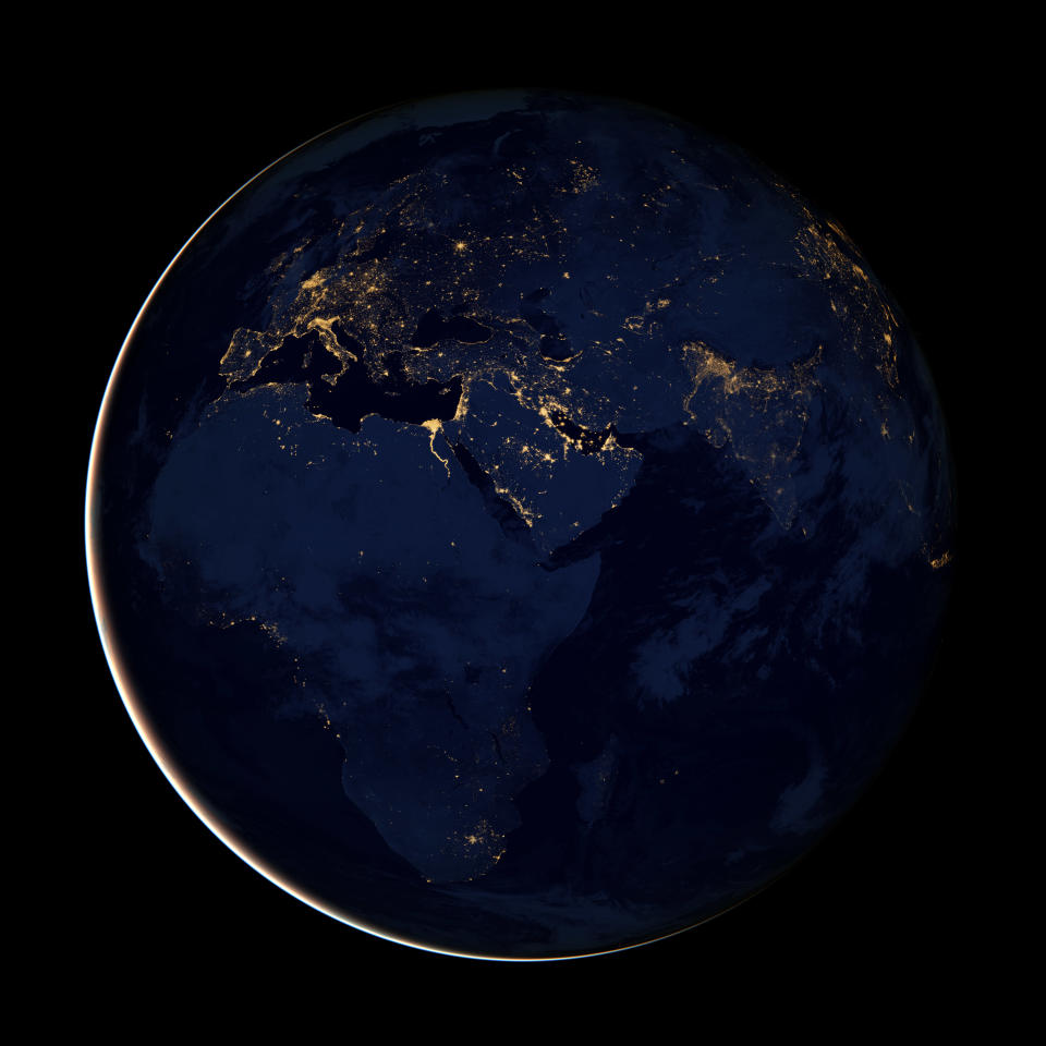 This new image of Europe, Africa, and the Middle East at night is a composite assembled from data acquired by the Suomi NPP satellite in April and October 2012. The new data was mapped over existing Blue Marble imagery of Earth to provide a realistic view of the planet. (NASA)