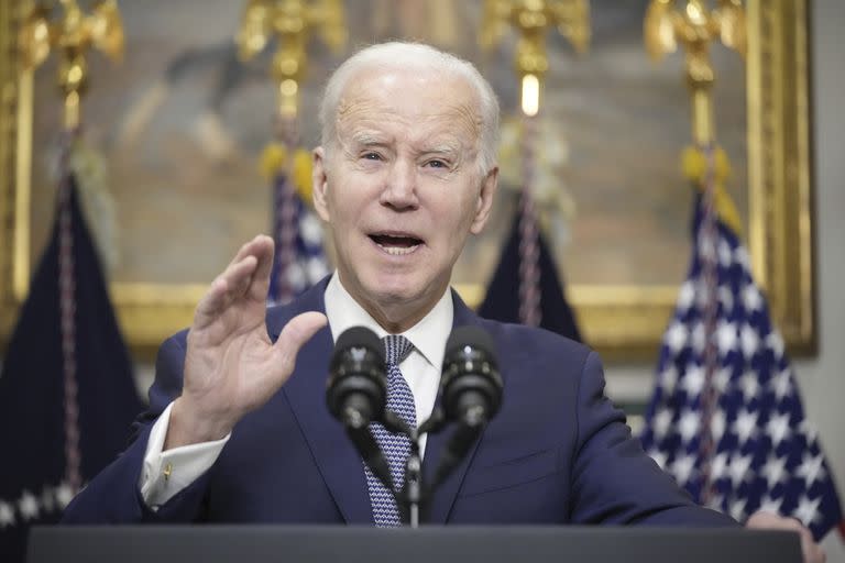 President Joe Biden speaks about the banking system in the Roosevelt Room of the White House, Monday, March 13, 2023 in Washington. (AP Photo/Andrew Harnik)