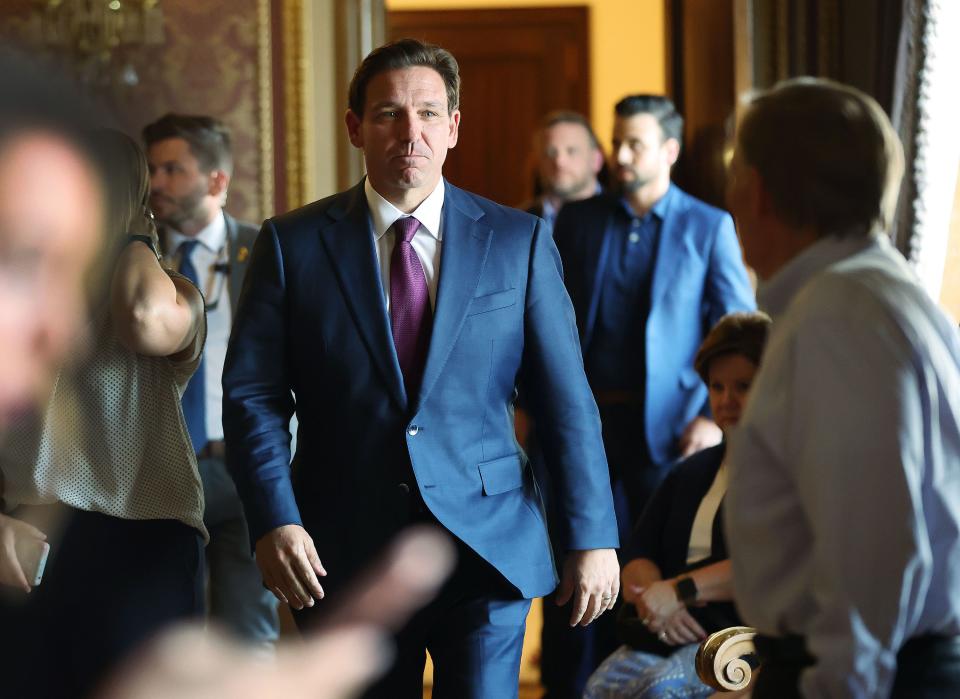 Florida Gov. and presidential candidate Ron DeSantis walks into a press conference at the Capitol in Salt Lake City on Friday, July 21, 2023. | Jeffrey D. Allred, Deseret News