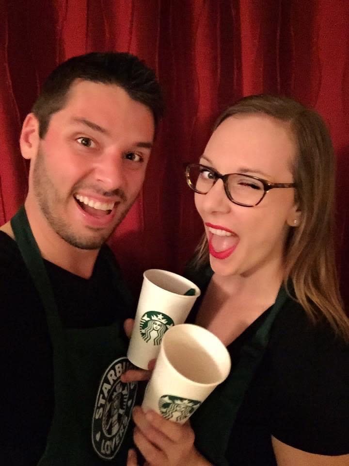 A man and a woman smiling and holding a Starbucks cup (Krista Schnur)