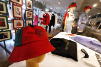 In this Feb. 20, 2020, photo, items from H&M’s new street wear collection are displayed at a store in New York. The collection was designed in collaboration with Ruth Carter, the Academy-Award winning designer behind the costumes for films such as “Black Panther” and “Malcolm X." It debuted as more companies and brands are getting into the business of Black History Month but also trying not to leave the impression that African American consumers are important just once a year. (AP Photo/Richard Drew)
