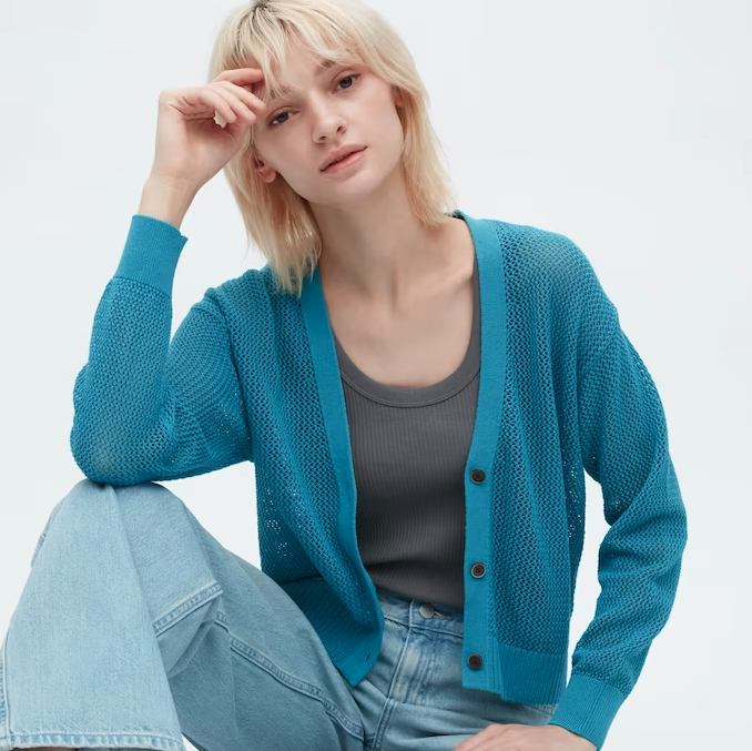 model wears blue Women Mesh Long Sleeve Short Cardigan.