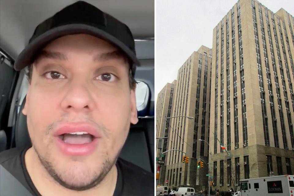 George Santos, pictured in a selfie video (left), was spotted outside the Manhattan Criminal Court (right) on Thursday where Donald Trump is on trial (George Santos/X/Beyond My Ken)