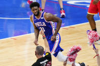 Philadelphia 76ers' Joel Embiid reacts after making a basket during the second half of Game 5 in a second-round NBA basketball playoff series against the Atlanta Hawks, Wednesday, June 16, 2021, in Philadelphia. (AP Photo/Matt Slocum)