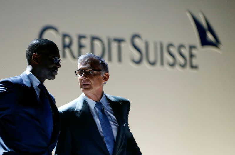 FILE PHOTO: Chairman Urs Rohner and CEO Tidjane Thiam of Swiss bank Credit Suisse arrive before the annual shareholder meeting in Zurich