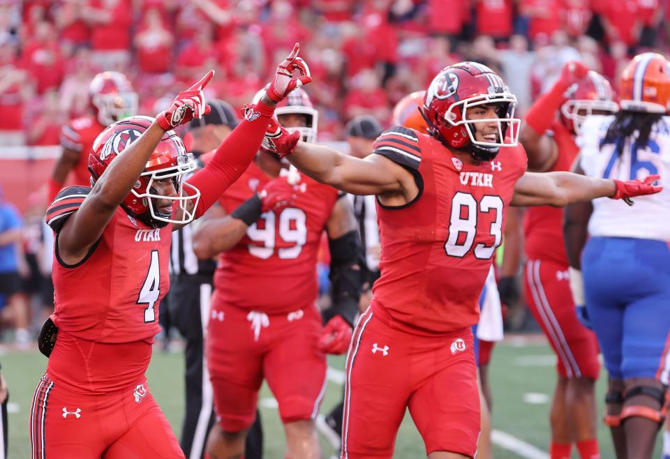 Utah Utes cornerback JaTravis Broughton (4) and Utah Utes defensive end Jonah Elliss (83) celebrate a missed Florida field goal in Salt Lake City on Thursday, Aug. 31, 2023 during the season opener. | Jeffrey D. Allred, Deseret News