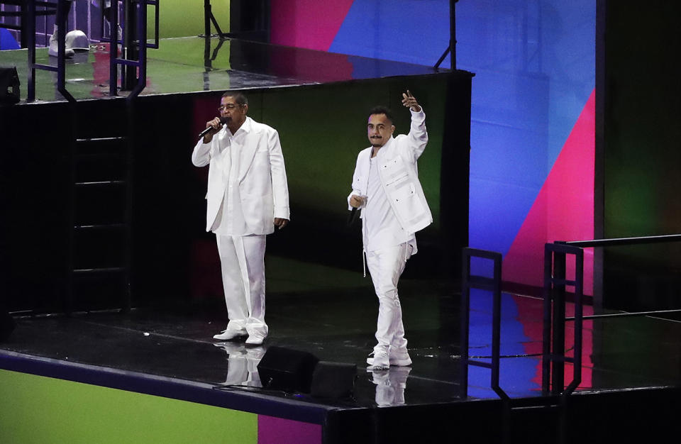 <p>Zeca Pagodinho, left, and Marcelo D2, right, perform during the Opening Ceremony of the Rio 2016 Olympic Games at Maracana Stadium. (AP Photo/Jae C. Hong) </p>