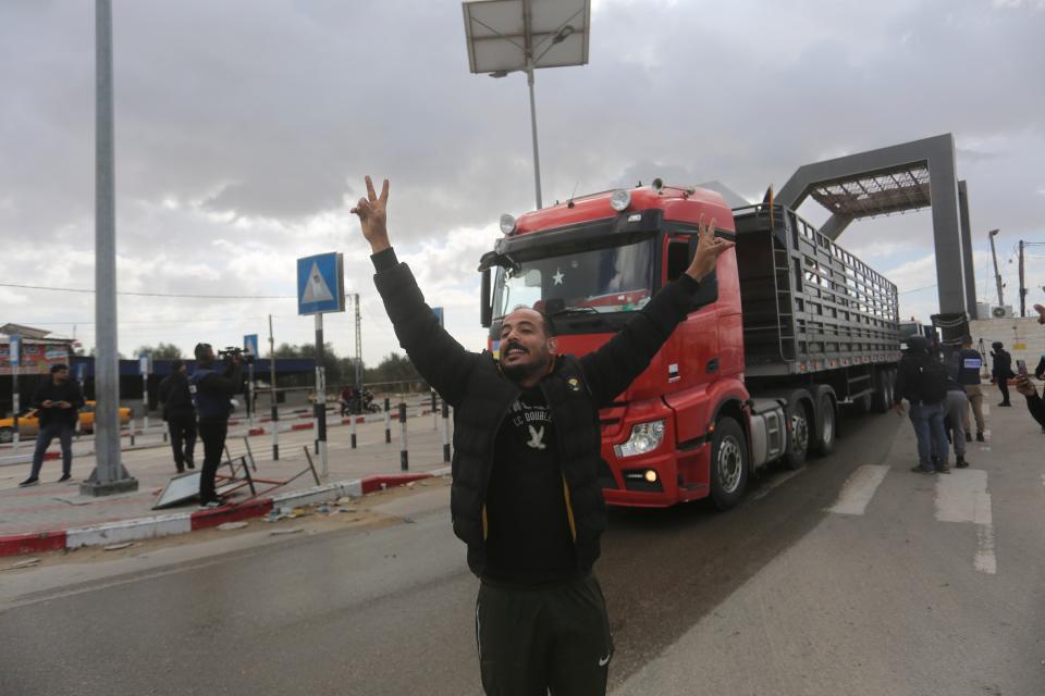 A Jordanian humanitarian aid convoy enters the Gaza Strip from Egypt in Rafah (Copyright 2023 The Associated Press. All rights reserved.)